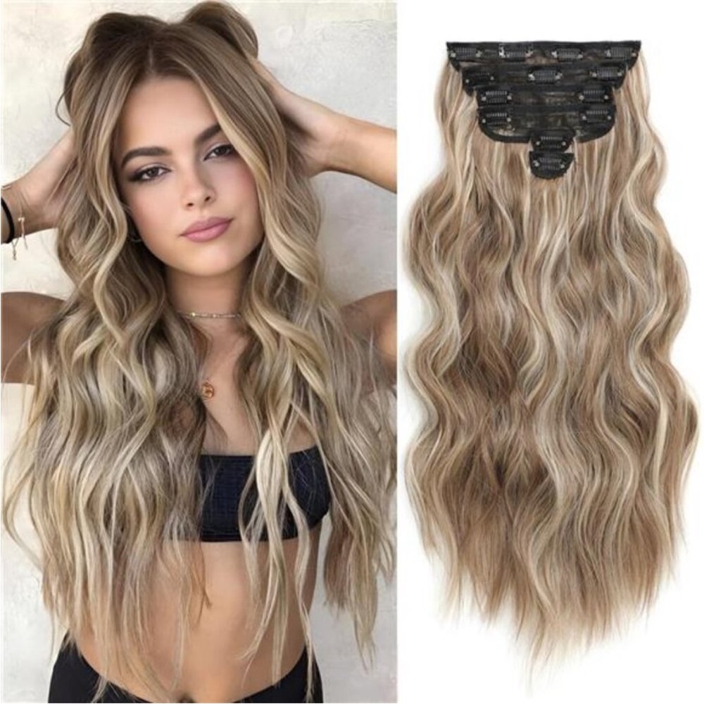 6PCS Long Wavy Curly Clip on Ash Brown Mixed Ash Blonde